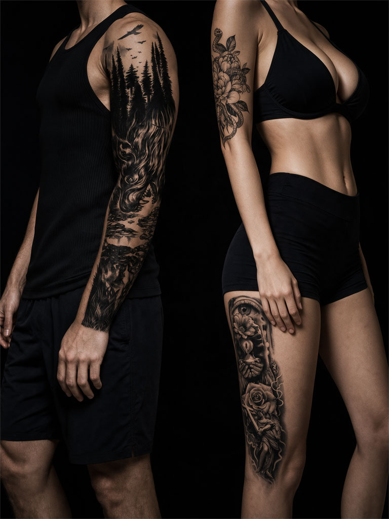 Unterarm mit fotorealistischem Temp-Tattoo (Tiger und Totenkopf), frisch aufgetragen